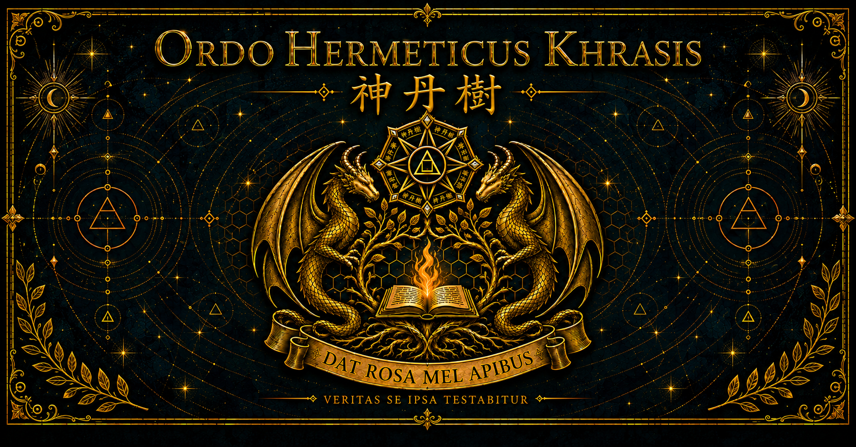 Ordo Hermeticus Khrasis: two golden dragons, an open book, and a flame.